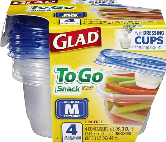 Glad GladWare To Go Snack Food Storage Containers - Medium Round - Meal Container Holds up to 24 Ounces of Food - Lock Tight Seal, 4 Count - 6 Pack