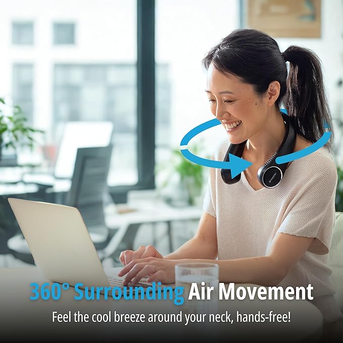 Portable Neck Fan – Hands Free Quiet 20dB Cooling Neck Fan, 17-Hour 4000mAh Battery, 3 Speeds, Wearable Fan for Neck Fans that Blow Cold Air, Personal Fans Portable Rechargeable (Black)