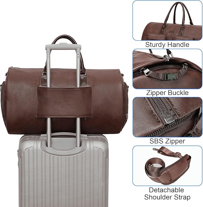 Modoker Convertible Leather Garment Bag, Carry on Garment Bags for Travel Waterproof Garment Duffel Bag Gifts for Men Women Business - 2 in 1 Hanging Suitcase Suit Travel Bags in Brown