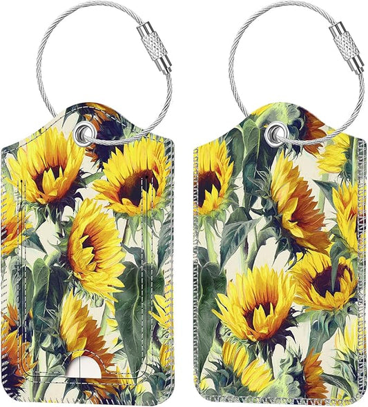 Fintie Luggage Tags, Privacy Cover ID Label with Stainless Steel Loop and Address Card for Travel Bag Suitcase - Sunflower (2 Piece)