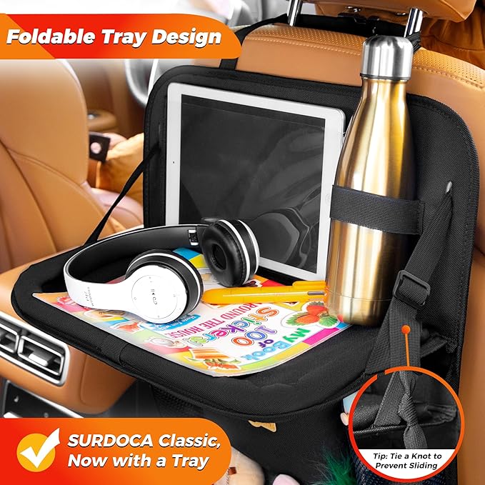 SURDOCA Backseat Car Organizer with Foldable Tray for Kids & Adults – NEW MODEL Seat Storage with Touchable Tablet Pocket, Roadtrip Essentials – Fits Most Vehicles