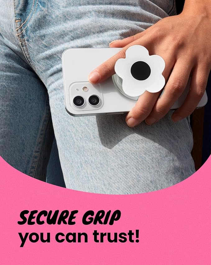 OnTheGrip Compatible with Magsafe Magnetic Cute Solid Color Daisy Flower Design Collapsible Mobile Phone Grip Stand Holder for Smartphone Tablet Cell Phone Accessory (White Black)