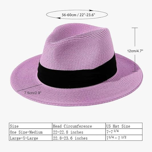 Lanzom Women Wide Brim Straw Panama Roll up Hat Fedora Beach Sun Hat UPF50+