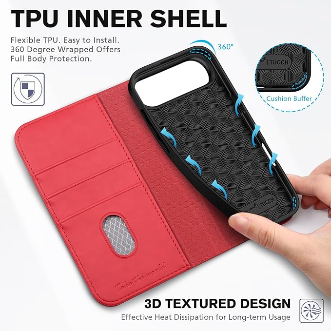 TUCCH Case Wallet for iPhone Air (6.5") 2025, RFID Blocking, 3 Card Holders, Kickstand, PU Leather, Protective Flip Folio Cover, TPU Shockproof Interior Shell, Bright Red