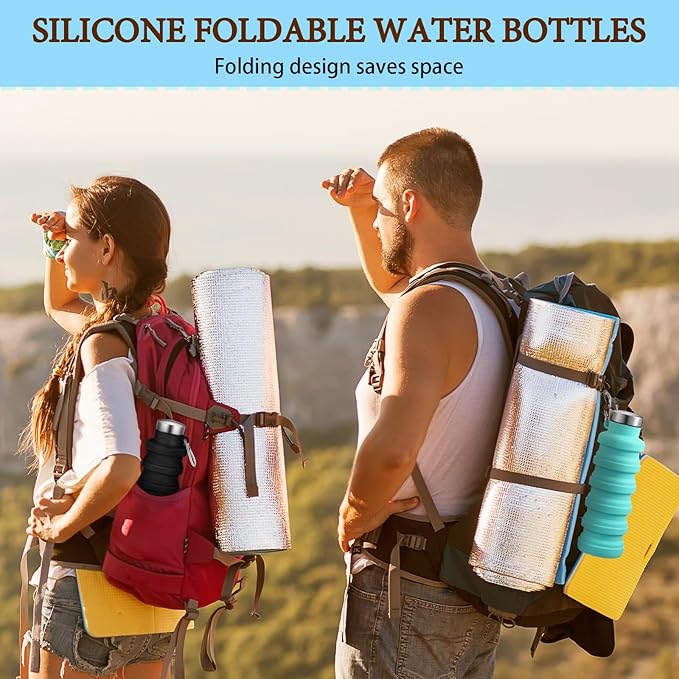 Baderke 2 Pcs Collapsible Water Bottles 17oz Silicone Travel Foldable Portable Water Bottle with Buckle Silicone Lightweight Reusable Leakproof for Camping Hiking Cycling Sport(Green, Black)