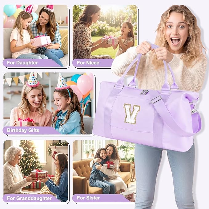 Dance Gym Duffel Bag for Teen Girls, Personalized Initial Travel Weekender Bag,Cute Overnight Carry On Duffle for Women,Sports Travel Cheer Bag,Monogram Christmas Gifts for Tween Preppy(purple-V)