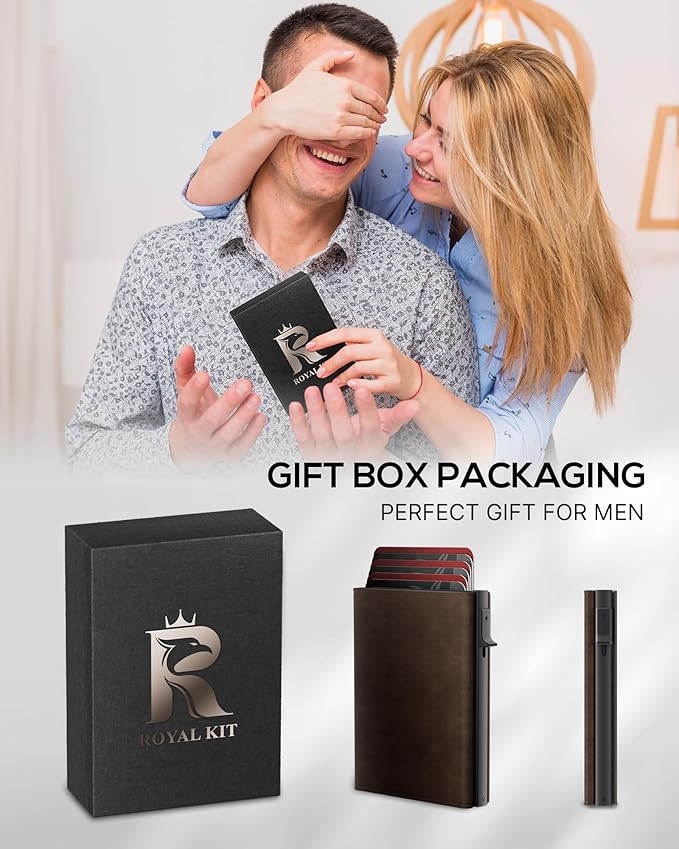 Mens Wallet Card Holder - Smart Wallet for Men, Pop Up Card Case, Top Grain Leather, RFID Blocking, Slim, Minimalist, Ultra-Thin, Front Pocket, 12 Card Capacity | ID Window | Cash Slot (Brown)