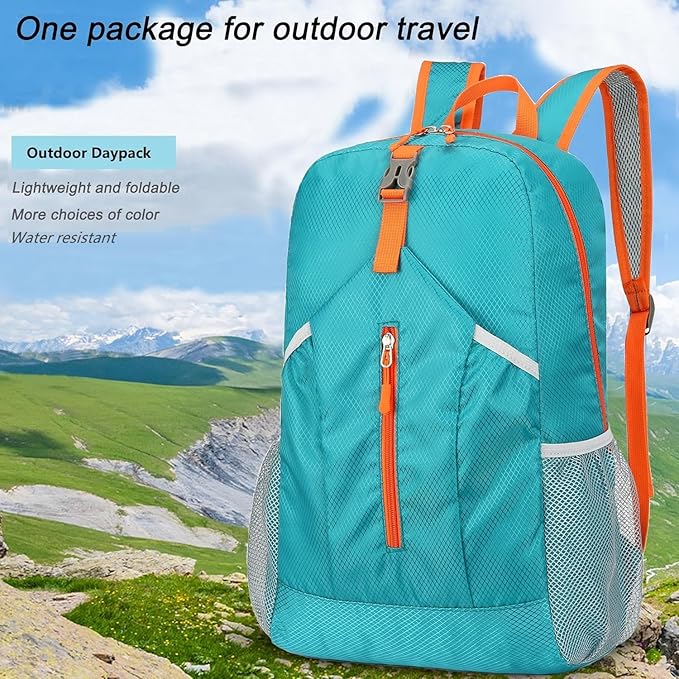 25L Foldable Hiking Backpack Lightweight Packable Basic-Daypack Collapsible Bag Water-Resistant Travel Men Women Camping Cycling Outdoor (Lake Blue)