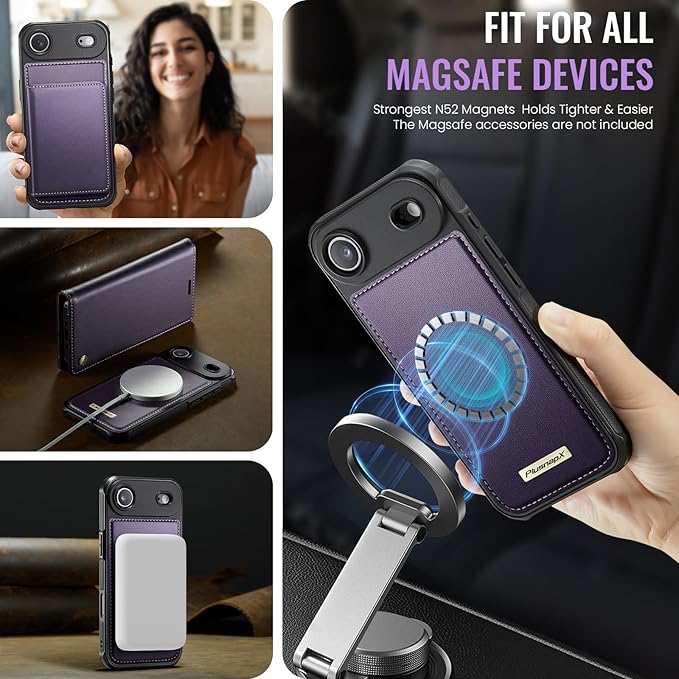 PlusnapX Wallet Case for iPhone Air Compatible with Magsafe, 2-in-1 PU Leather Flip RFID Blocking Card Holder Stand ShockAirof Magnetic Detachable Cover for iPhone 17 Air Case 6.5", Fashion Purple