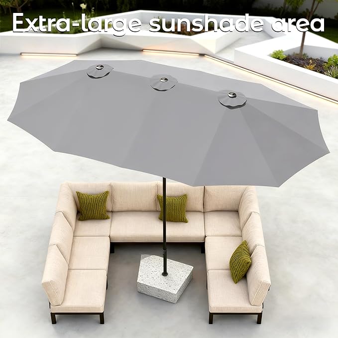 15ft Patio Umbrella with Base,Large Outdoor Double-Sided Rectangle Umbrella with Crank Handle, Market Umbrella for Poolside Garden Deck Backyard Beach Pools, Gray
