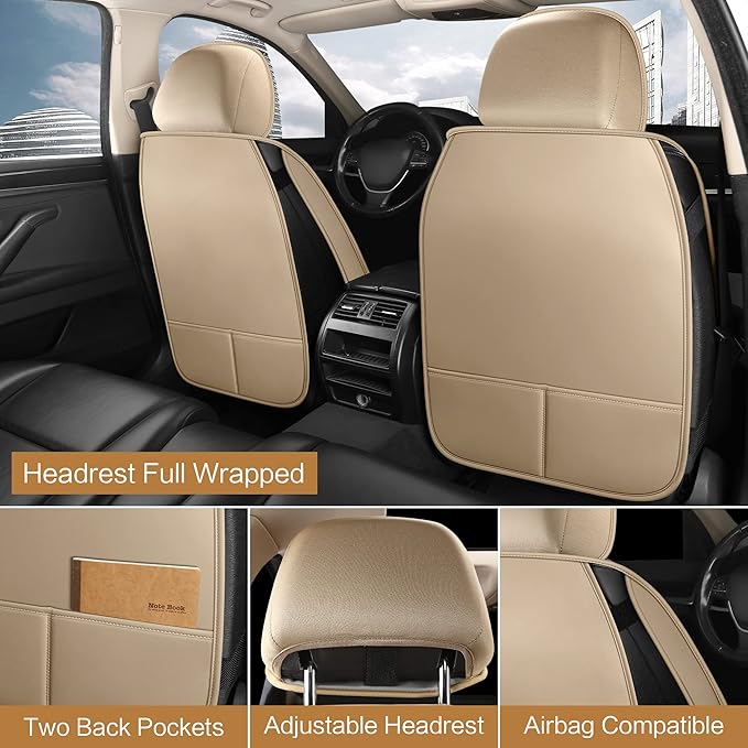 HAIYAOTIMES Leather Car Seat Covers Front Set, Waterproof Faux Leather Seat Covers for Cars, Non-Slip Car Interior Covers Universal Fit for Most Cars Sedans Trucks SUVs, Beige