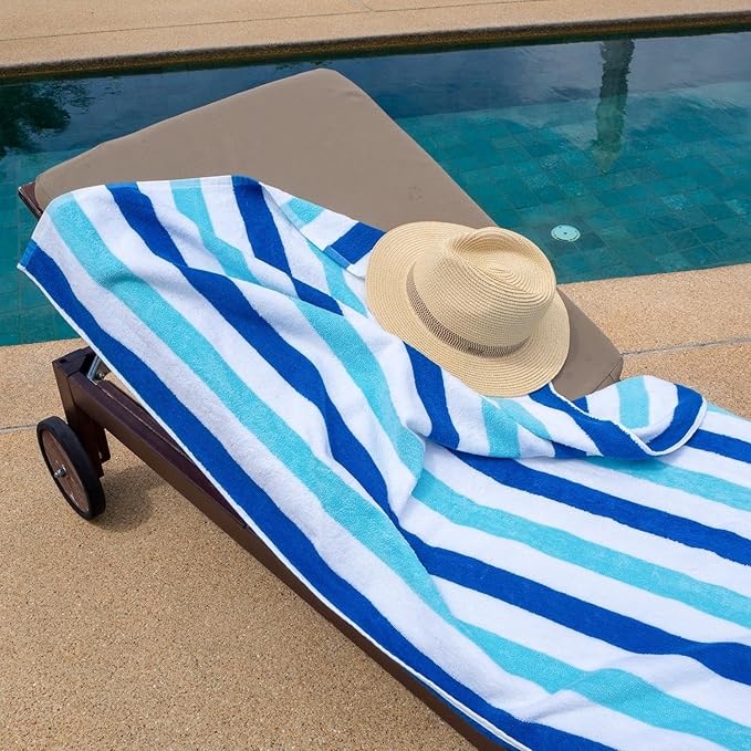 Arkwright Cabo Cabana Stripe Beach Towel Bulk - Case of 24 - Large Soft Quick Dry Cotton Terry Towels for Pool, Swim, and Hot Tub, Oversized 30 x 70 in, Tropical Breeze/Skydive Blue