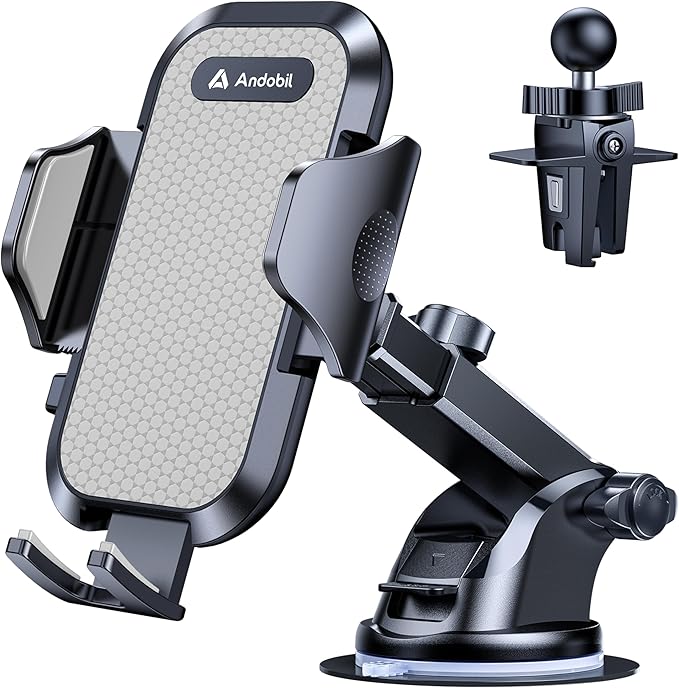 andobil Car Phone Holder Mount (Strong Suction&Bumpy Road Stable) Phone Holders for Your Car, Cell Phone Car Mount for Windshield Dash Vent Truck Cradle Stand for iPhone 17 16 15 14 Pro Max Grey