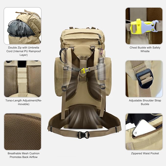 IX INOXTO 85L Lightweight Internal Frame Hiking Backpack for Men Women, Waterproof Travel Camping Backpack with Rain Cover (Khaki)