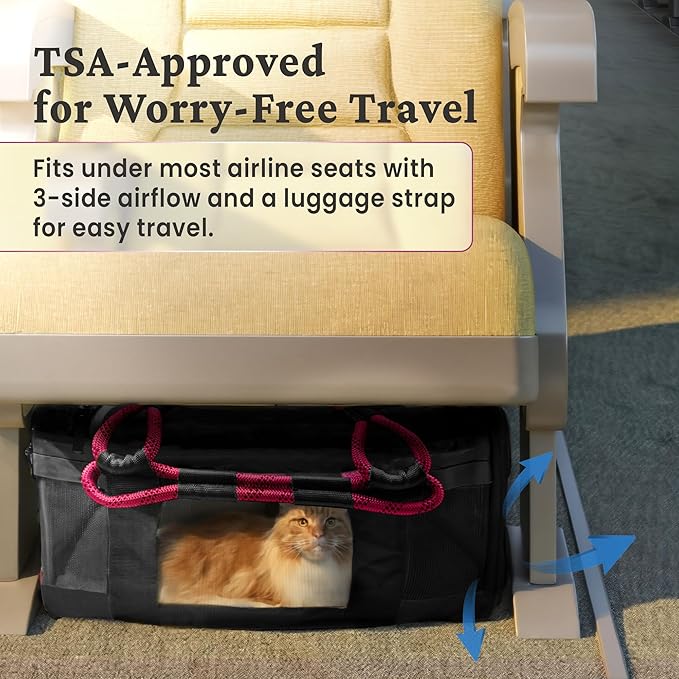 FLUFFY COMMUTE™ TSA Airline Approved Dog Carrier | Soft-Sided | Fits Small Dogs & Pets Up to 15 lbs & 17” Long × 11” Tall | Black w/Pink Handle