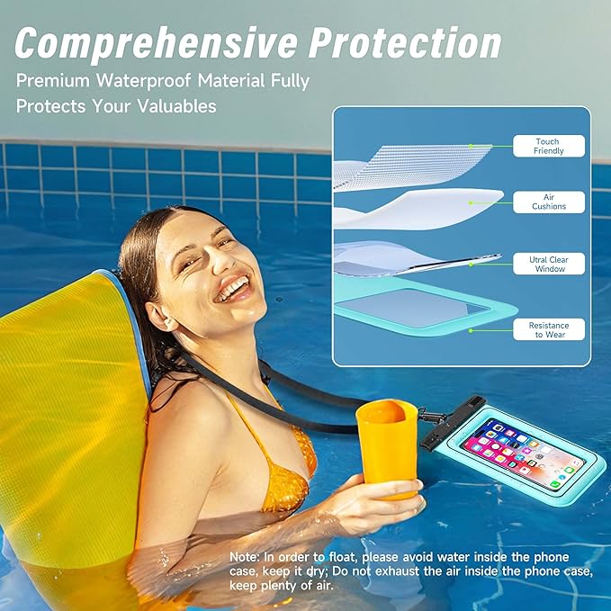 Waterproof Phone Pouch - 2 Pack IP68 Floating Waterproof Phone Case, Dry Bag Beach Cruise Essentials with Adjustable Lanyard for iPhone 16 Pro Max / 15 Pro/Galaxy S24 S23 (Black and Blue)