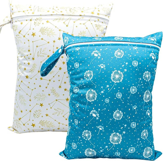 Wet Dry Bag Waterproof Reusable Wet Bag for Swimsuit, Travel, Beach, Pool, Bathing Suit, Diapers, Dirty Yoga Gym Clothes Daycare Organizer One Zippered Pocket (dandelion stars)