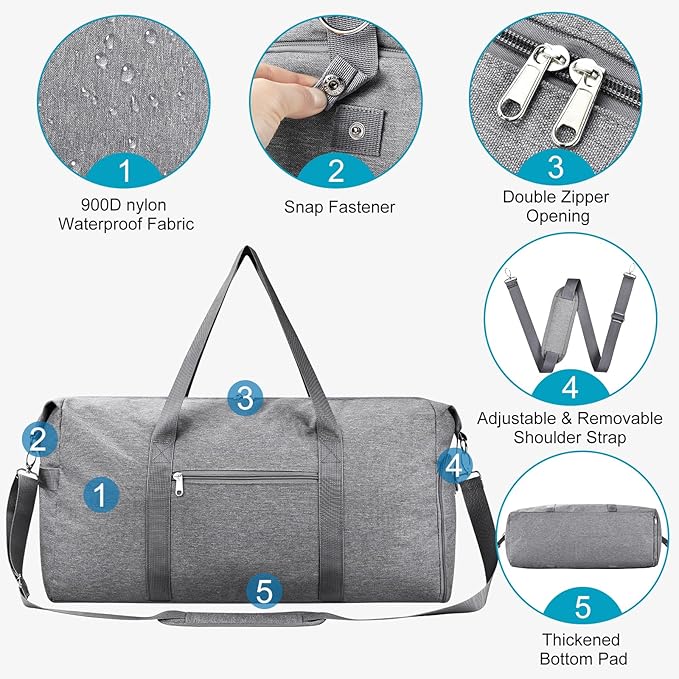 Felipe Varela 65L Duffle Bag with Shoes Compartment, Foldable Carry on Bag Travel Duffel Bags Overnight weekender Gym Bag with Wet Pocket for Women Men(Grey)