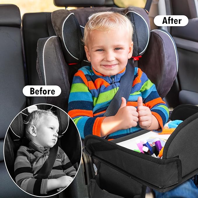 WENRENER Kids Travel Tray for Car Seat, Toddler Road Trip Essentials With Drawing Kit, Travel Activities Must Haves (Black)