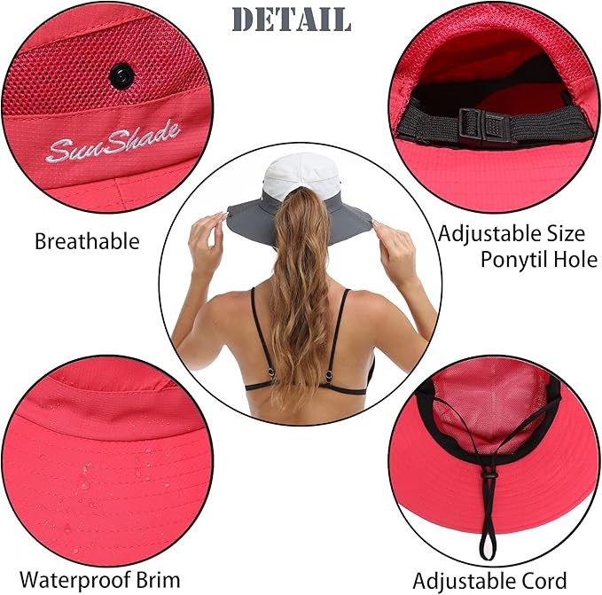 Womens Summer Sun Hat Beach Hat Wide Brim Outdoor UV Protection Hat Foldable Cool Mesh Ponytail Bucket Hat