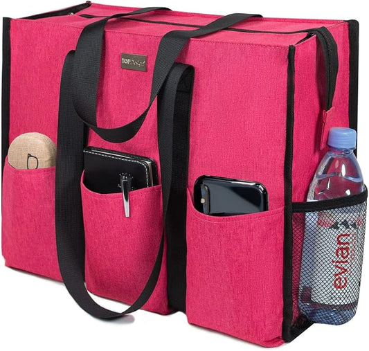 TOPDesign Utility Water Resistant Tote Bag with 13 Pockets, Top Zipper Closure & Thick Bottom Support, for Working Women