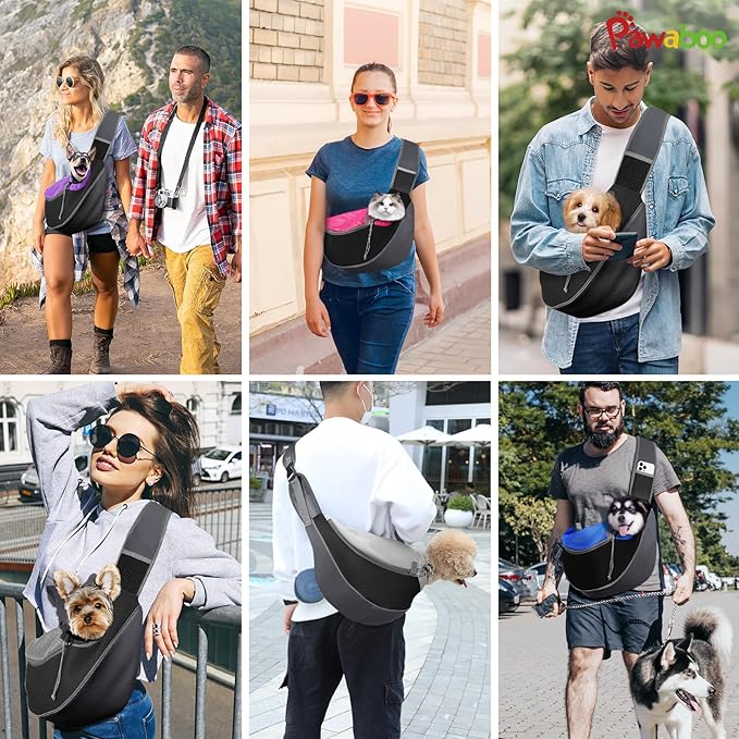 Pawaboo Dog Sling Carrier, Hand Free Breathable Mesh Bag for Puppy Cat, Drawstring Dog Papoose with Adjustable Strap and Pocket, Crossbody Satchel Dogs Purse for Outdoor Travel, M, Magenta