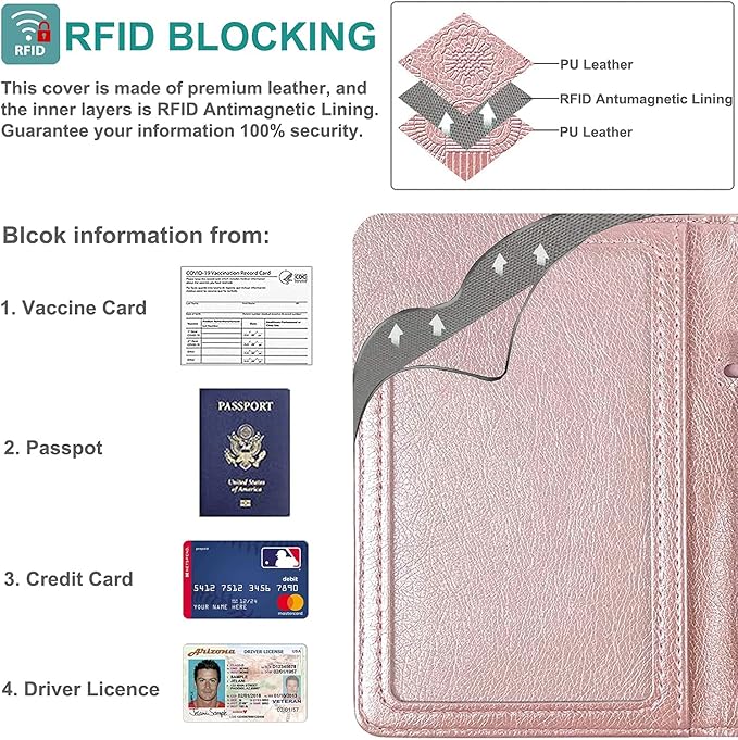 RSAquar Passport and Vaccine Card Holder Combo, Passport Holder Cover Wallet, Leather Card Case Travel Accessories with RFID Blocking for Women and Men, Rose Gold