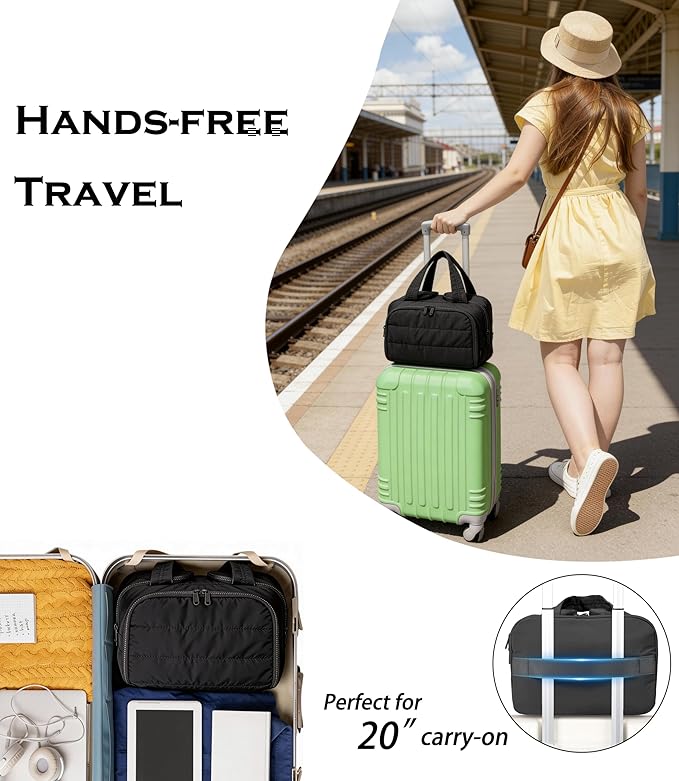 Travel Toiletry Bag for Women, Large Wide-open Puffy Cosmetic Makeup Bag with Wet-Dry Separation, Multi-Pocket Organizer with Carry Handle for Toiletries, Cosmetics, Essentials, Black