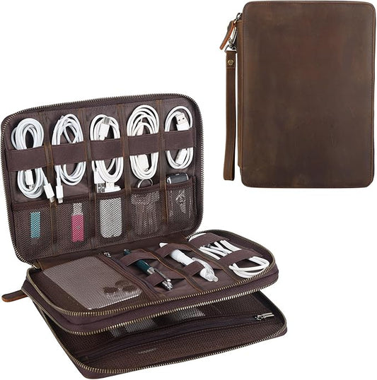 TIDING Leather Cable Electronics Organizer Case, Double Layer Travel Electronic Storage Bag for Charger, Cables, Phone, SD Card