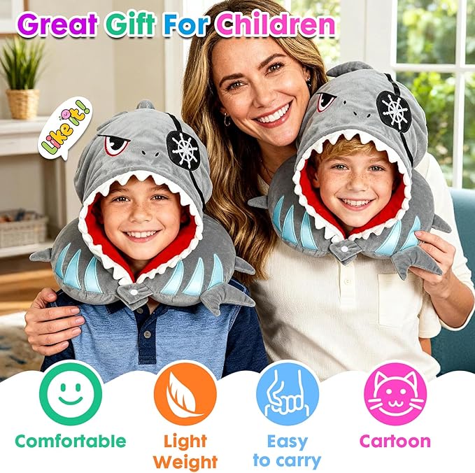 Travel Neck Pillow with Hood for Kids Adult Cute Soft Plush Memory Foam Airplane Neck Pillow for Traveling Animal Flight Pillow Head Rest Neck Support for Cars Long Flights