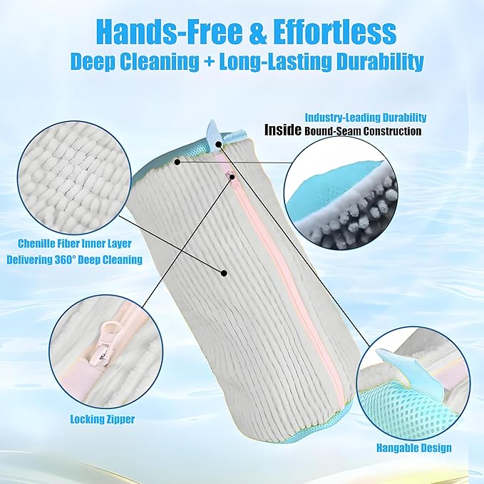 2-Pack Shoe Bag for Washing Machine, 15.4x7.5x7.5in Heavy Duty Laundry Shoe Bag with Reinforced Edges 360° Deep Clean Anti-Tear for Sneaker, Running Shoes, Bras, Delicates and Toys(Grey)