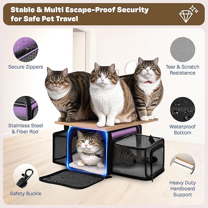 Top and 2 Sides Expandable Cat Carrier 17x11x11, TSA Airline Approved Dog Carriers for Medium Dogs, Soft-Sided Pet Carrier with Self-Locking Zippers for Kitten,Rabbit, Puppy, Guinea Pig Purple
