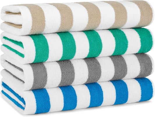 Arkwright California Cabana Stripe Beach Towel - Pack of 4, Large Soft Quick Dry Cotton Terry Towels Set for Pool, Swim, and Hot Tub, Oversized 30 x 70 in, Multiple