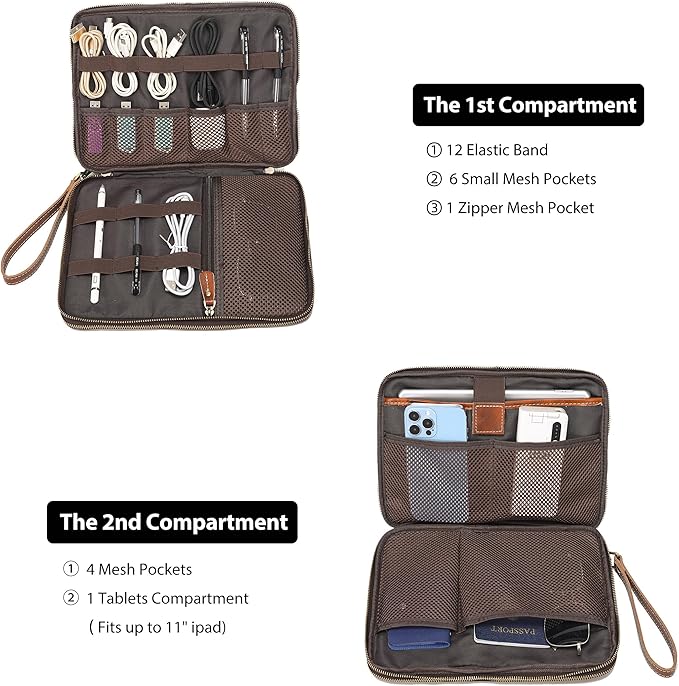 LANNSYNE Full Grain Leather Travel Cable Accessories Bag, Electronic Organizer Carry Case Double Layer Storage Case for Cables, Charger, Phone, Power Bank