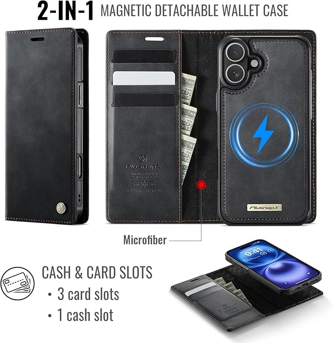 PlusnapX Wallet Case for iPhone 17 Compatible with Magsafe, 2-in-1 PU Leather Flip RFID Blocking Card Holder Stand Shockproof Magnetic Detachable Cover for iPhone 17 Case 6.3", Black