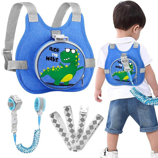Accmor Toddler Safty Harness Leash + Reflective Anti Lost Wrist Link, Cute Dinosaur Kid Walking Harness with Leashes, Foldable Child Restraint Belt Pocket Tether Hold Baby Boy Close for Outdoor Travel
