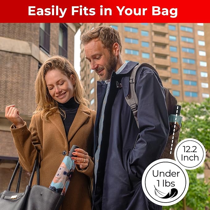 TUMELLA Flip-proof Inverted Travel Umbrella, Small Strong but Light Portable and Automatic Reverse Folding Rain Umbrella, Durable Premium Grip, Fits Car & Backpack