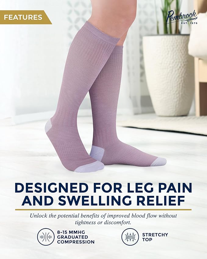 Pembrook Bamboo Viscose Light Compression Socks - 3 Pairs | 8-15 mmhg Compression Socks | Knee High Comfort Support Socks