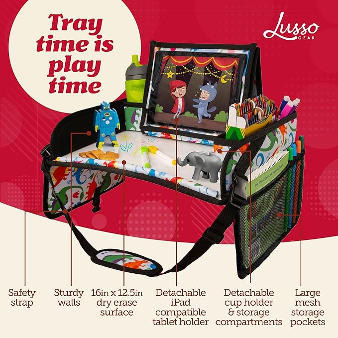 Lusso Gear Kids Travel Tray for Car Seat - Dinos, Oxford Cloth & Plastic - Dry-Erase Tablet Holder with Cup Holder & Storage - Road Trip Essentials & Plane Activity Tray