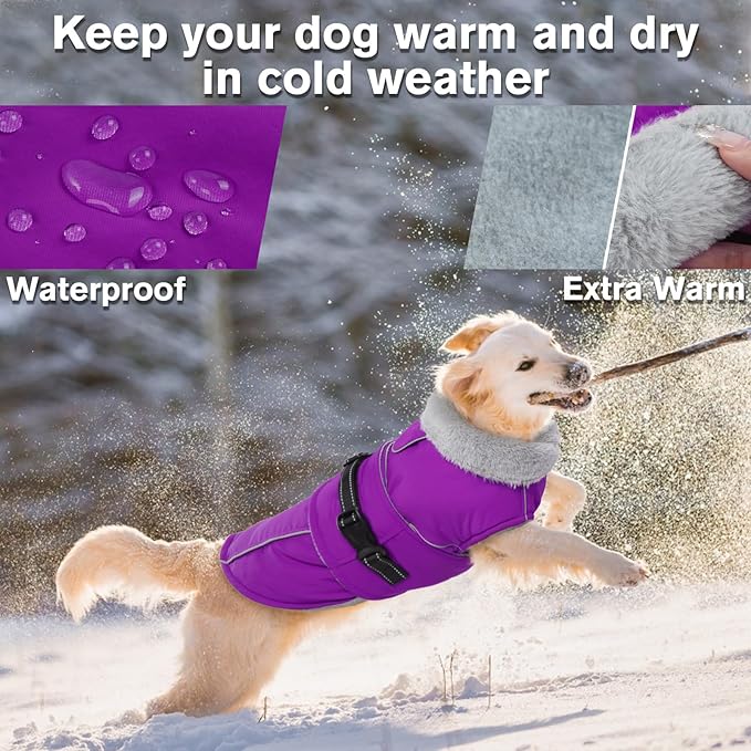 Lelepet Warm Dog Winter Coats for Extra Large Dogs Waterproof Dog Jacket Reflective Pet Fleece Vest Windproof Cold Weather Coats with Adjustable Buckle & Leash Hole, Purple, XXXL