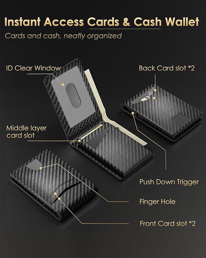 2025 Wallet for Men - RFID Blocking [Functional & Practical] Bifold Slim Minimalist Credit Card Holder Pop Up Wallet Metal Case with Cash Slot, Front Pocket with ID Window, Gift Boxed (Carbon Fiber)