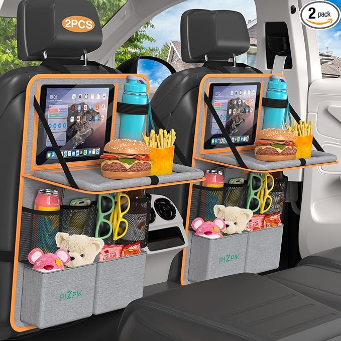 Car Backseat Organizer with Tablet Holder,11 Storage Pockets with Foldable Food Tray, Protector Kick Mats for Kids, Travel Accessories Organizer (Orange, 2Pack with Food Tray)