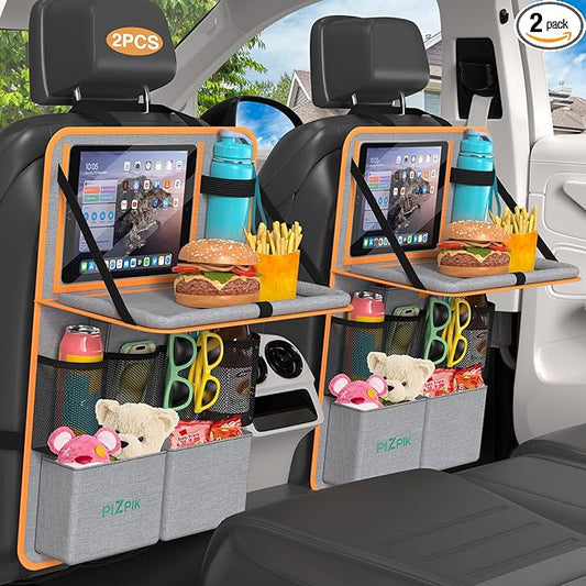 Car Backseat Organizer with Tablet Holder,11 Storage Pockets with Foldable Food Tray, Protector Kick Mats for Kids, Travel Accessories Organizer (Orange, 2Pack with Food Tray)