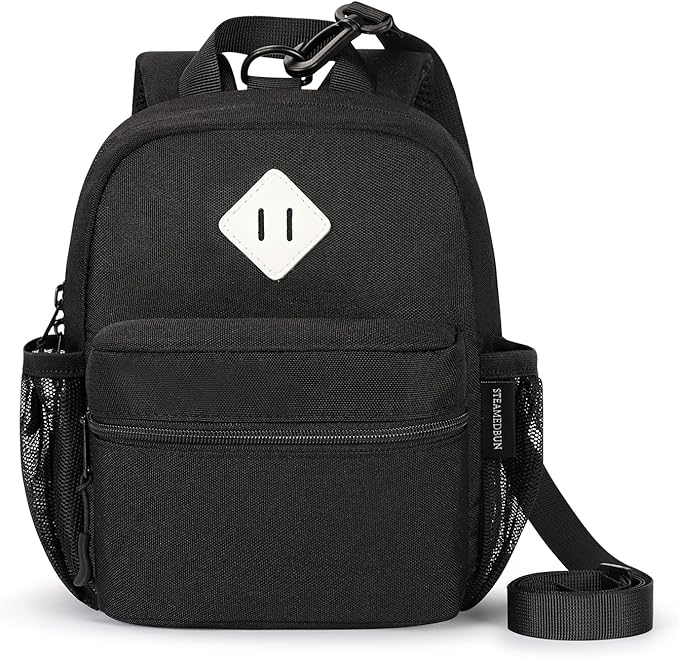 STEAMEDBUN Toddler Backpack Leash - Anti-Lost Harness Backpack for Boys Girls - 1-3 Years, Modern, Unisex, Black, 9.5" x 7" x 3.5", 5L, Polyester, Zipper, Solid, 4 Pockets, Machine Wash