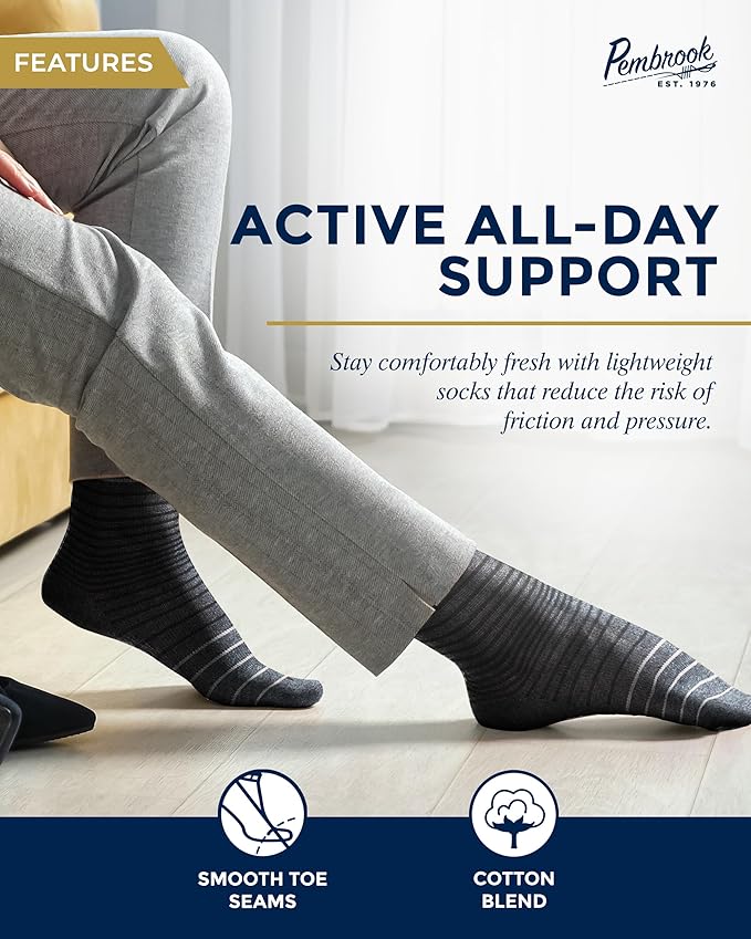 Pembrook Light Compression Socks for Men - 6 Pairs | 8-15 mmHg Graduated Compression Socks for Men 9-12 | Support Socks