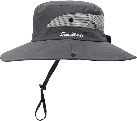 Womens Summer Sun Hat Beach Hat Wide Brim Outdoor UV Protection Hat Foldable Cool Mesh Ponytail Bucket Hat