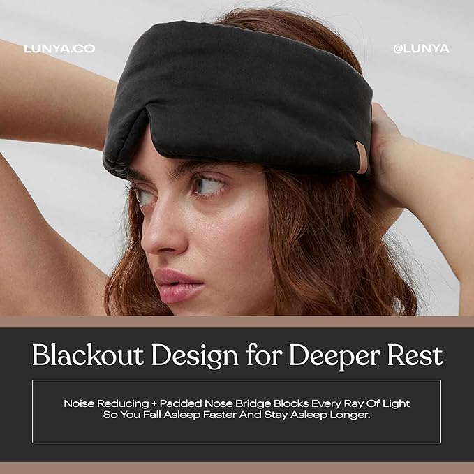 Lunya Sleep Mask with Box - Washable Silk Sleeping Mask and Headband for Beauty Routines - Thermoregulating Comfort for Restful Nights - Silk Eye Mask for Women - Immersed Black