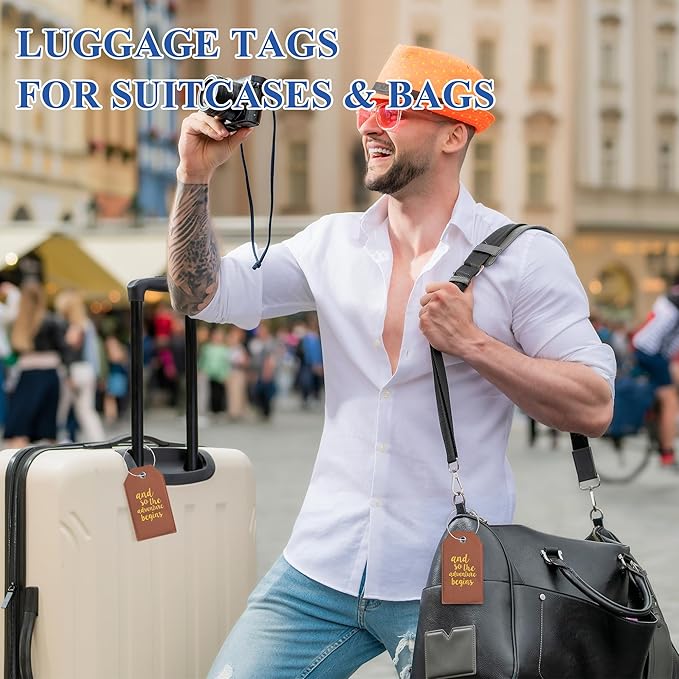Luggage Tag & Initial Baggage Tags for Suitcases Leather Bag Tags for Backpacks Handbag School Instrument with Name ID Label Travel Essentials, Unique Fun Brown Personalized Luggage Tags 2 Pack