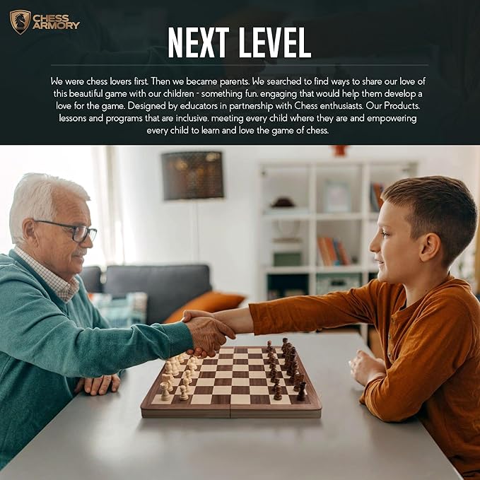 Chess Armory Wooden Chess Set 15 Inch - Classic Handcrafted Game Board for Adults and Kids with Extra Queen Pieces and Storage Box - Ideal for Home and Travel - Non-Magnetic