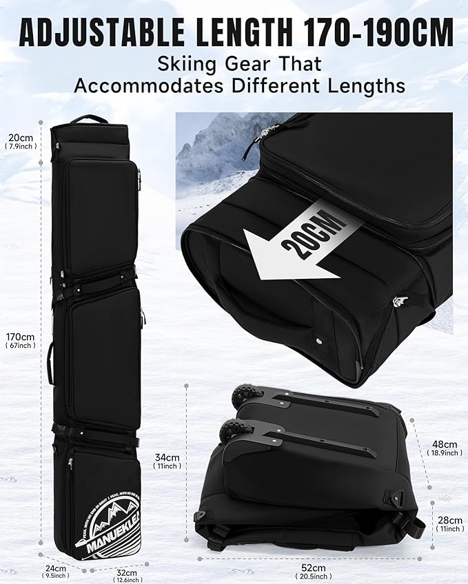 MANUEKLEAR Rolling Ski Travel Bag Holds Skis from 170-190 cm, Durable & Waterproof Snowboard Bag with Wheels, Foldable Double Ski Bag with Soft Padded and Detachable Shoulder Straps